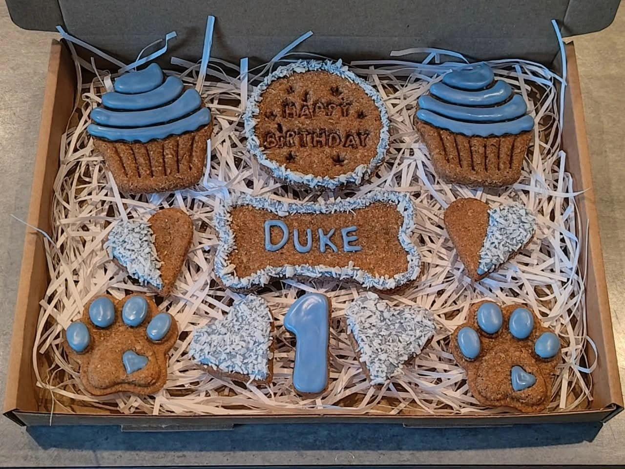 Handmade Peanut Butter & Banana Personalised Birthday Dog Biscuits - Classic Box (grain free option available on request)