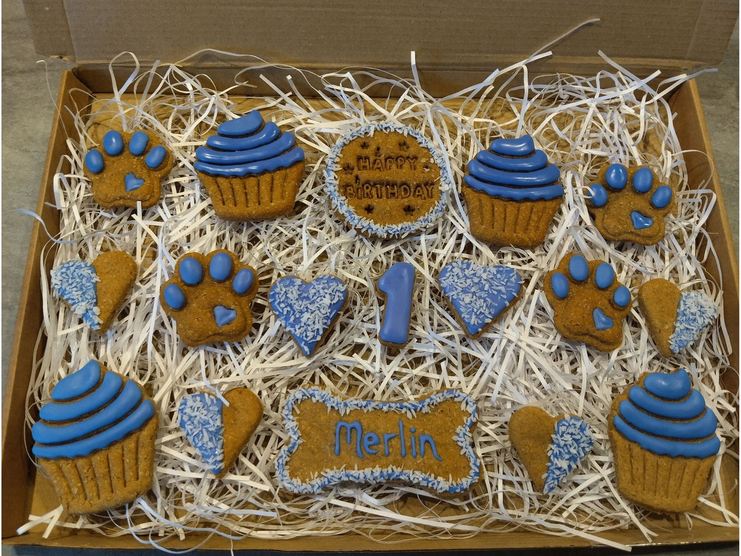 Handmade Peanut Butter & Banana Personalised Birthday Dog Biscuits - Deluxe Box (grain free option available on request)