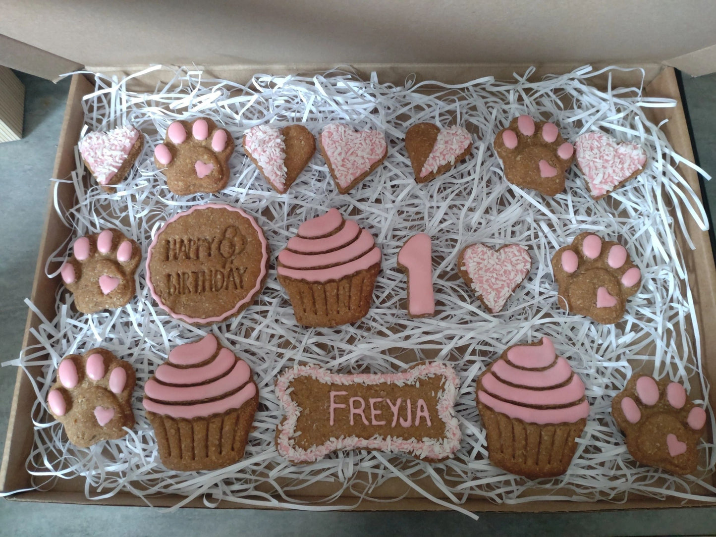 Handmade Peanut Butter & Banana Personalised Birthday Dog Biscuits - Deluxe Box (grain free option available on request)