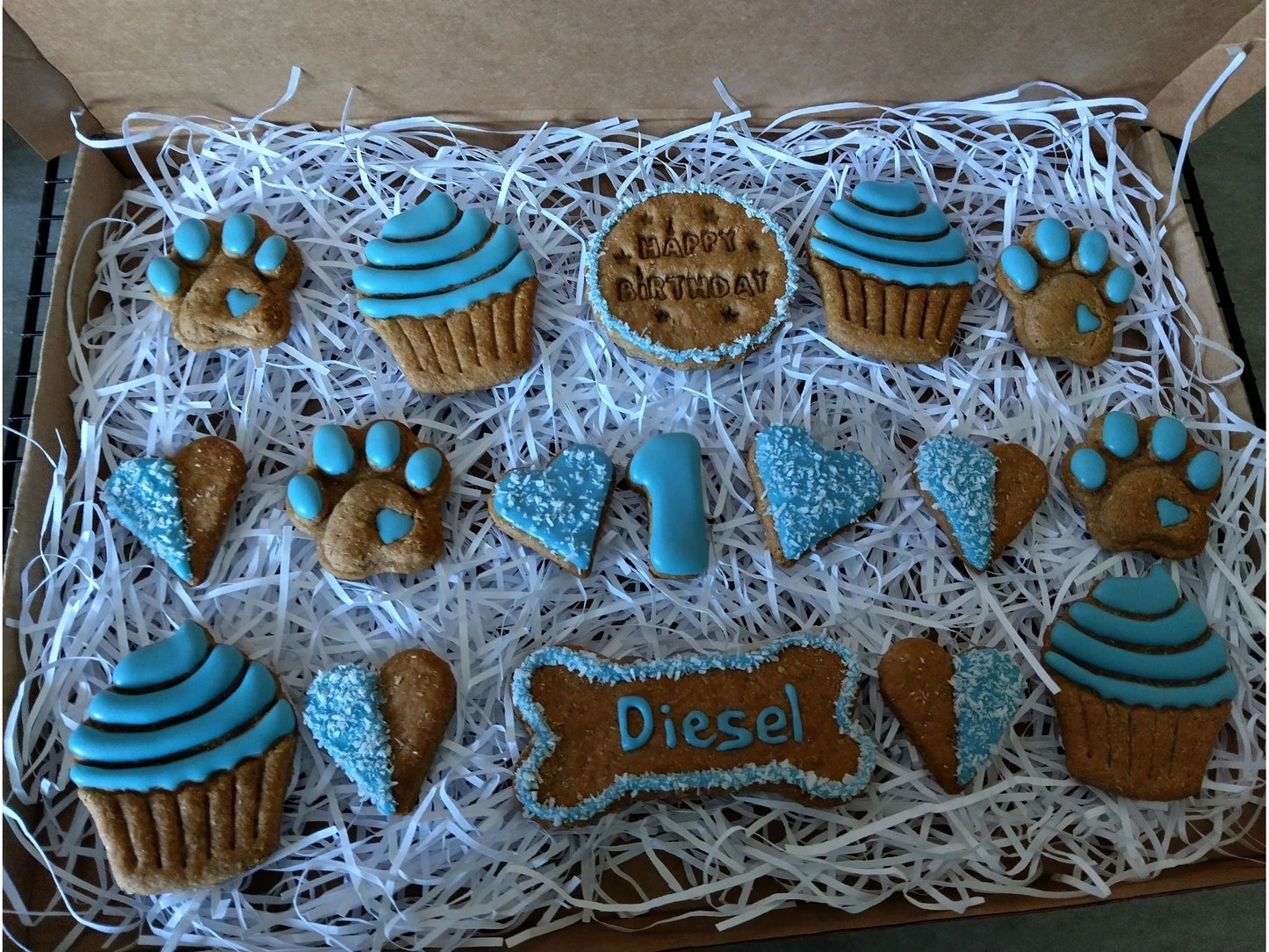Handmade Peanut Butter & Banana Personalised Birthday Dog Biscuits - Deluxe Box (grain free option available on request)