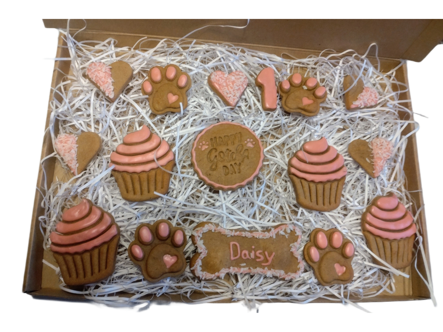 Handmade Peanut Butter & Banana Personalised Gotcha Day Dog Biscuits - Deluxe Box (grain free option available on request)