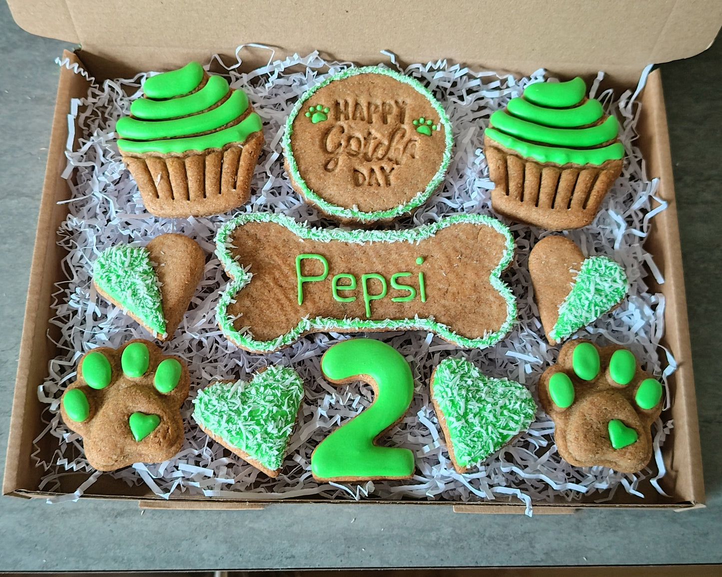 Handmade Peanut Butter & Banana Personalised Gotcha Day Dog Biscuits - Classic Box (grain free option available on request)