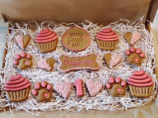 Handmade Peanut Butter & Banana Personalised Gotcha Day Dog Biscuits - Deluxe Box (grain free option available on request)