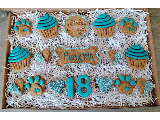 Handmade Peanut Butter & Banana Personalised Birthday Dog Biscuits - Deluxe Box (grain free option available on request)
