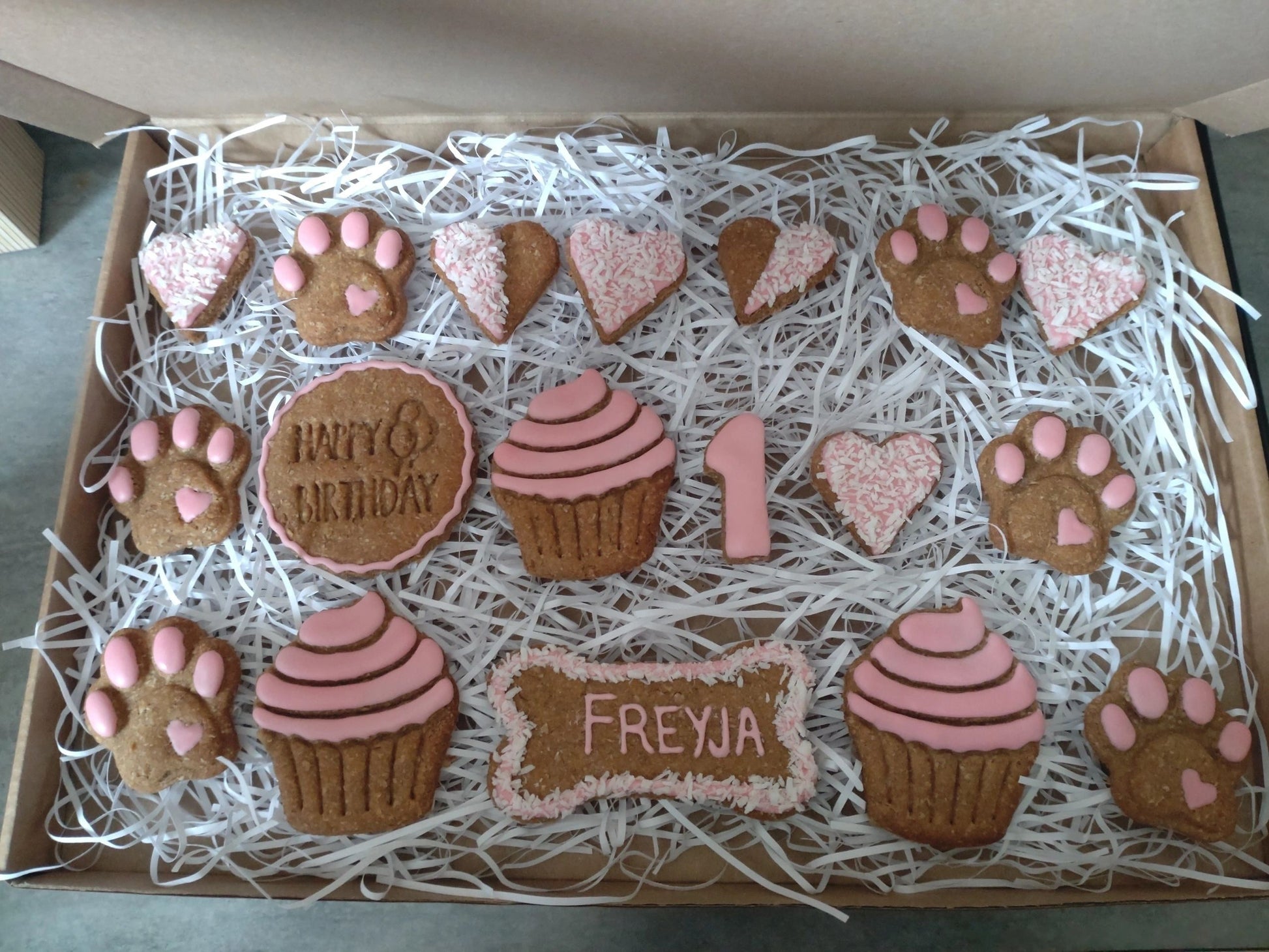 Handmade Peanut Butter & Banana Personalised Birthday Dog Biscuits - Deluxe Box (grain free option available on request)
