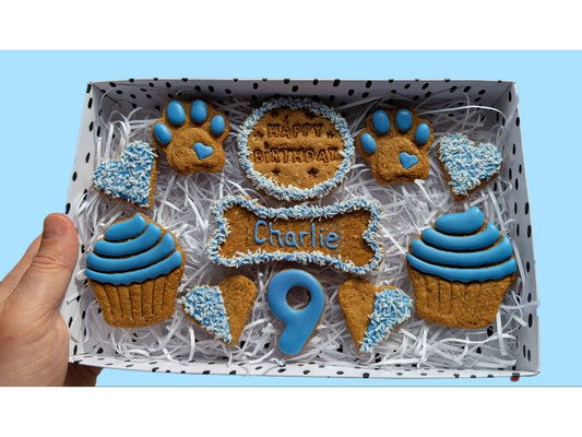 Handmade Peanut Butter & Banana Personalised Birthday Dog Biscuits - Classic Box (grain free option available on request)